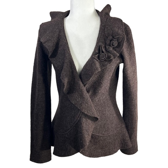 CYNTHIA ROWLEY 100% Wool Ruffle Cardigan W Rosette & Snap Closure Brown Sz Small - Picture 2 of 11
